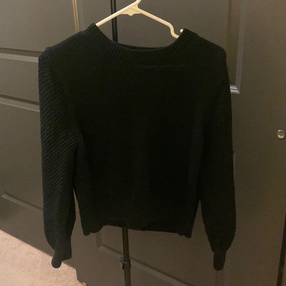 Cotton Blend Cropped Balloon Sleeve Sweater